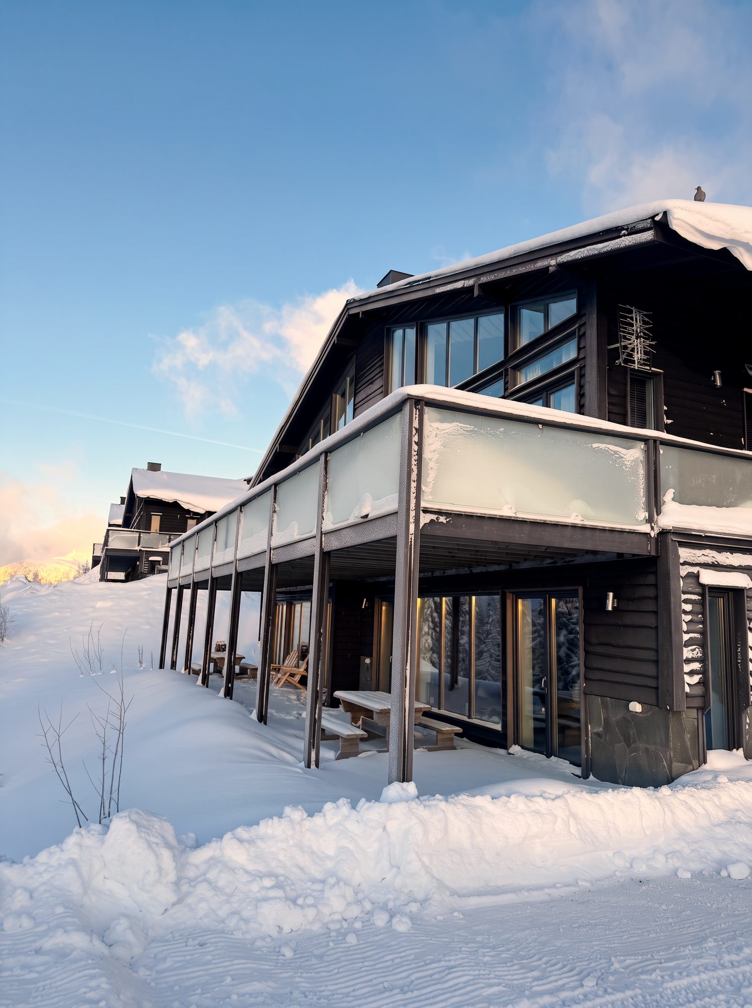 Terrass i solsida med fjällutsikt